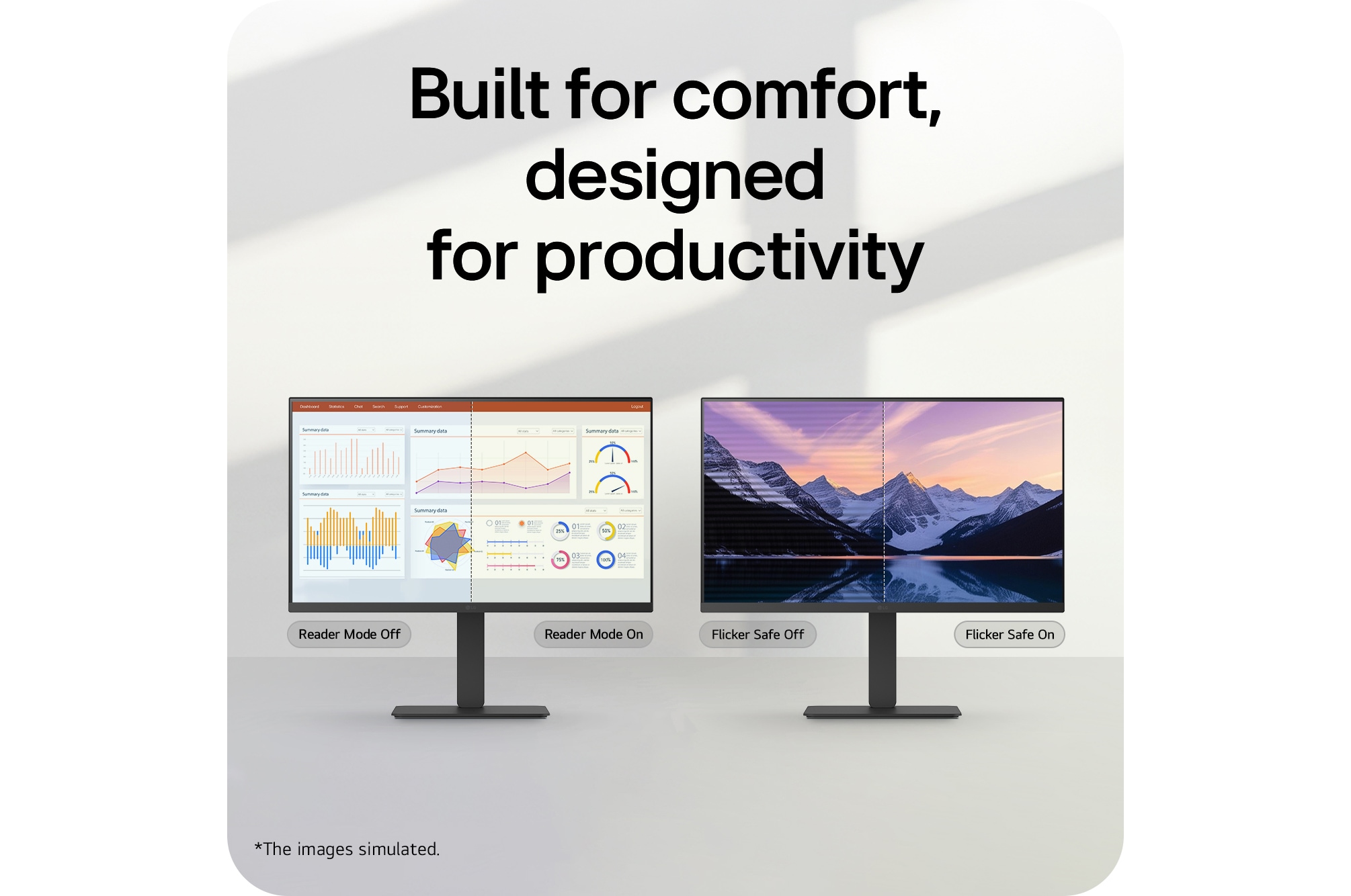 Two monitors comparing reader mode and flicker-safe features, illustrating improved eye comfort and productivity with reduced blue light and screen flicker.