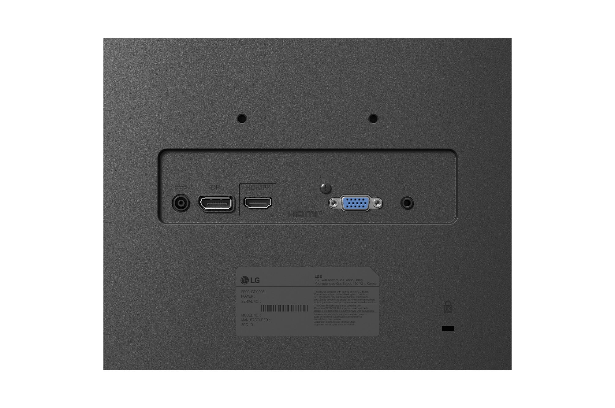 Rear view close-up of monitor ports including DisplayPort, HDMI, headphone jack for versatile connectivity.