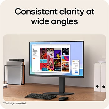 Office desk setup with a monitor displaying a colorful creative design interface, highlighting consistent clarity and wide viewing angles.