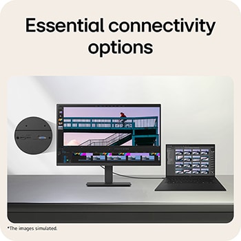 LG monitor connected to a laptop via HDMI cable, showcasing versatile connectivity with HDMI, DisplayPort.