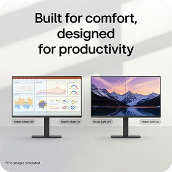 Two monitors comparing reader mode and flicker-safe features, illustrating improved eye comfort and productivity with reduced blue light and screen flicker.