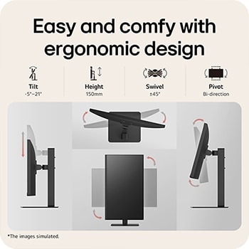 Ergonomic monitor design showcasing tilt, height adjustment, swivel, and pivot features for flexible viewing angles and comfortable workspace setup.