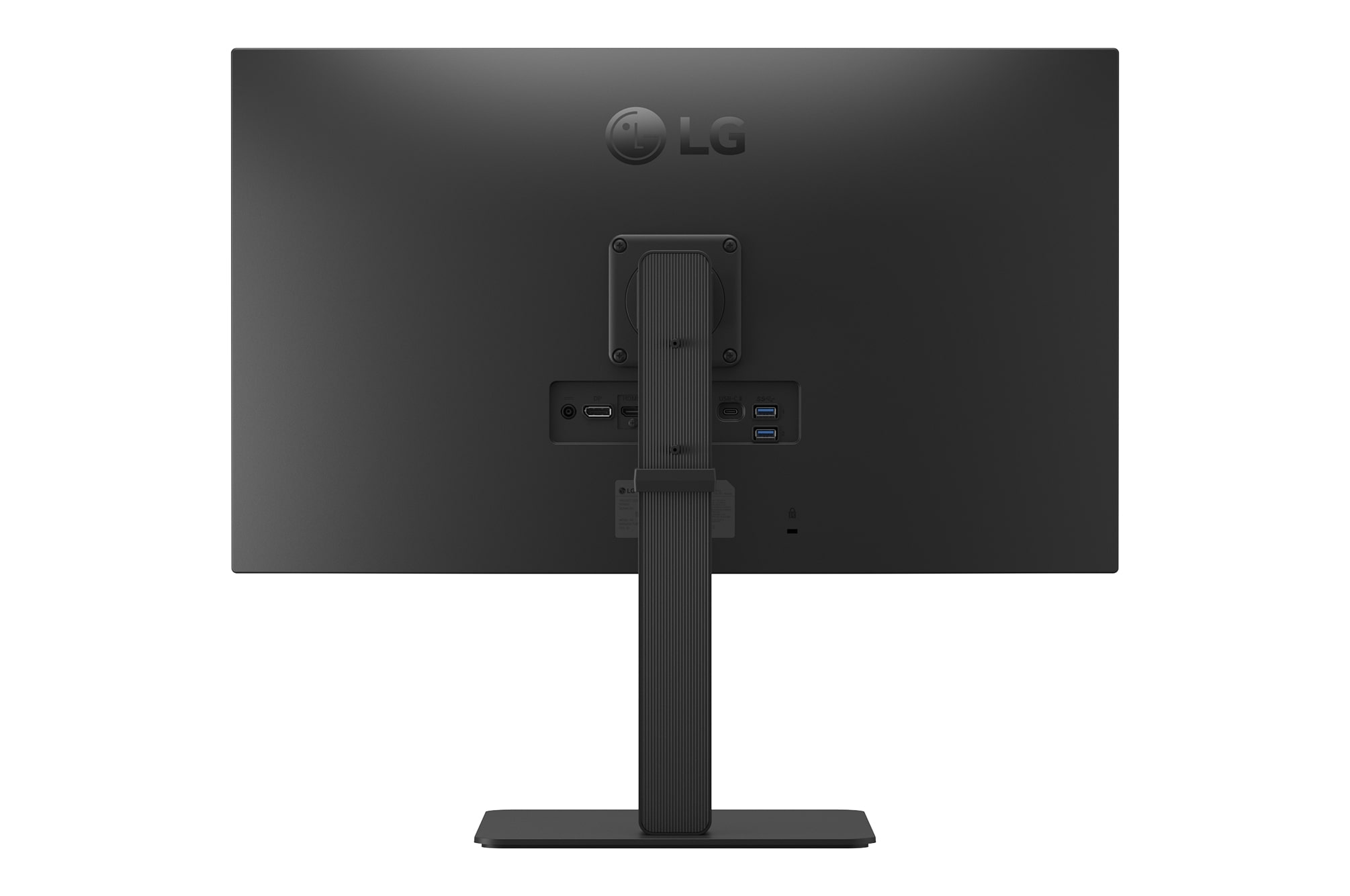 Rear view of an LG monitor showing stand design and connectivity ports.
