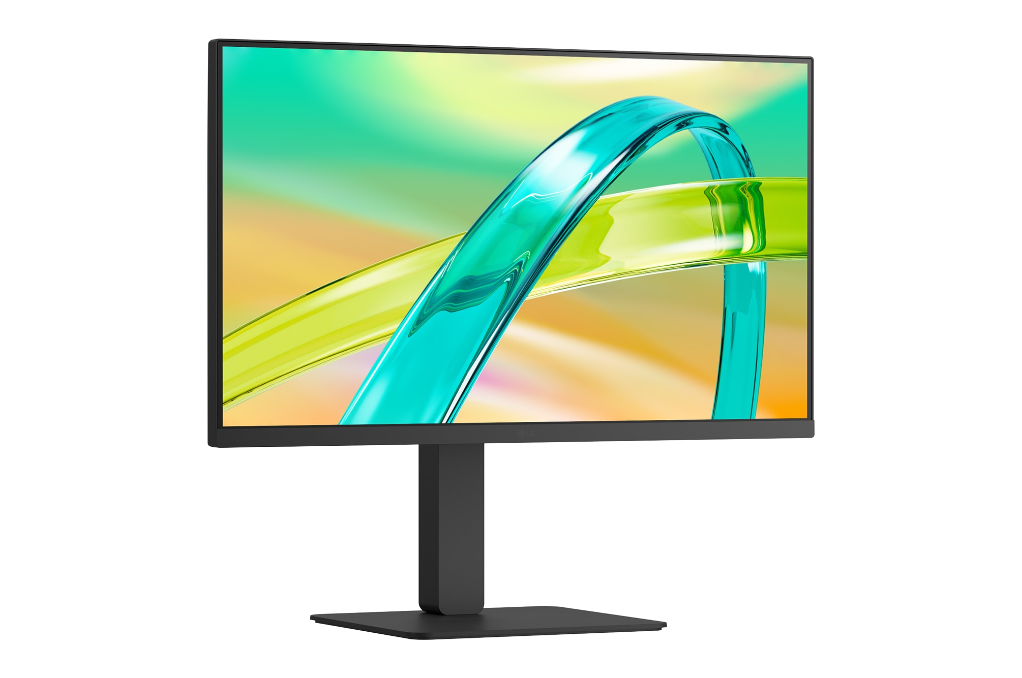 Front view of a monitor displaying a colorful abstract image on a sleek black stand.