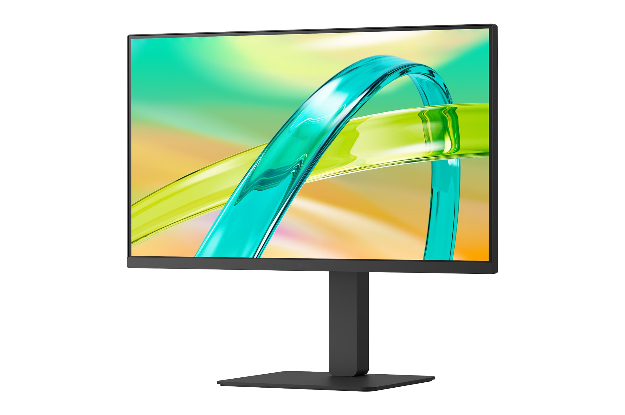 Front view of a monitor displaying a colorful abstract image on a sleek black stand.