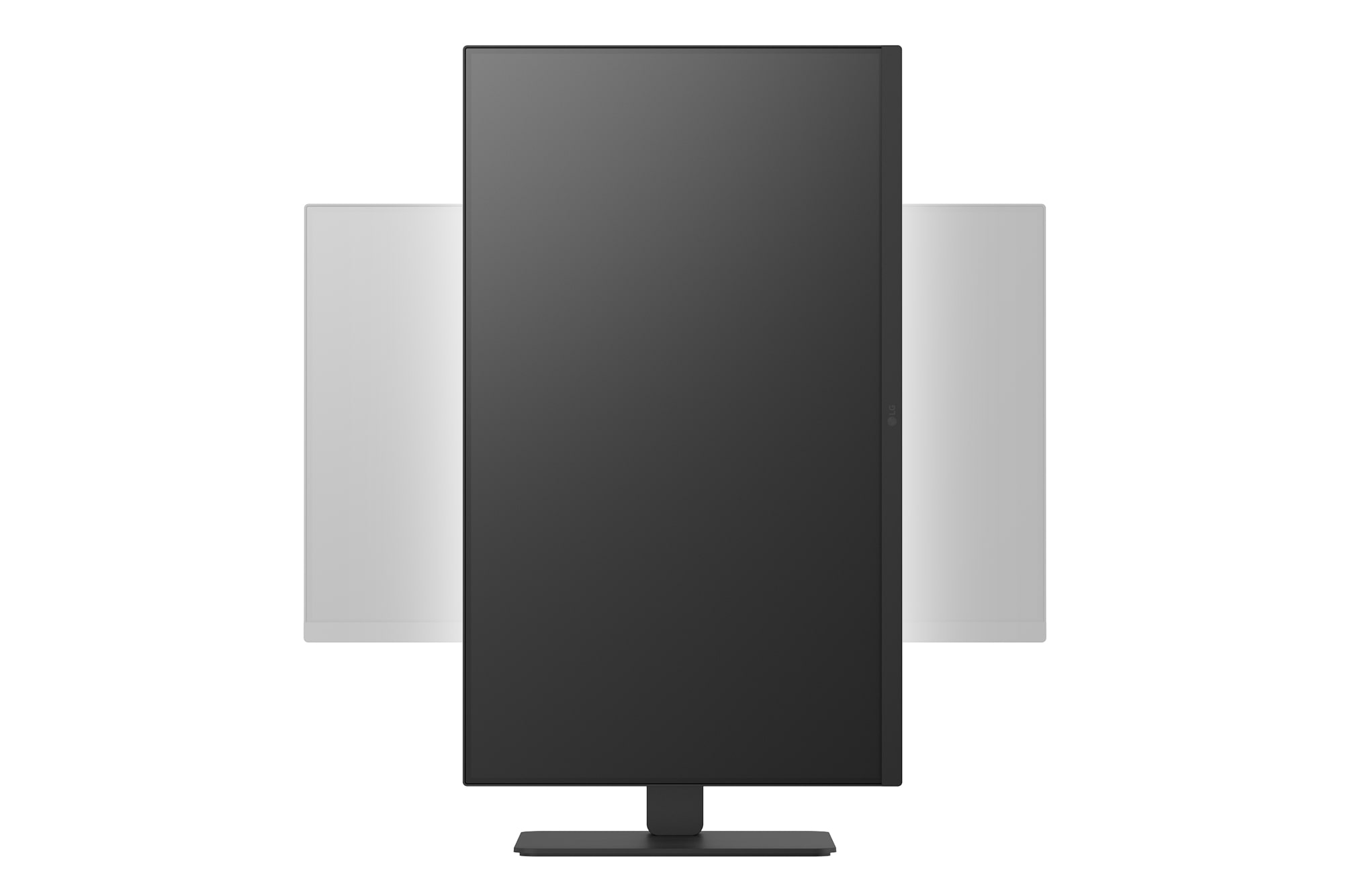 Front view of a monitor rotated into vertical portrait mode, showing pivot functionality with horizontal positions in the background.