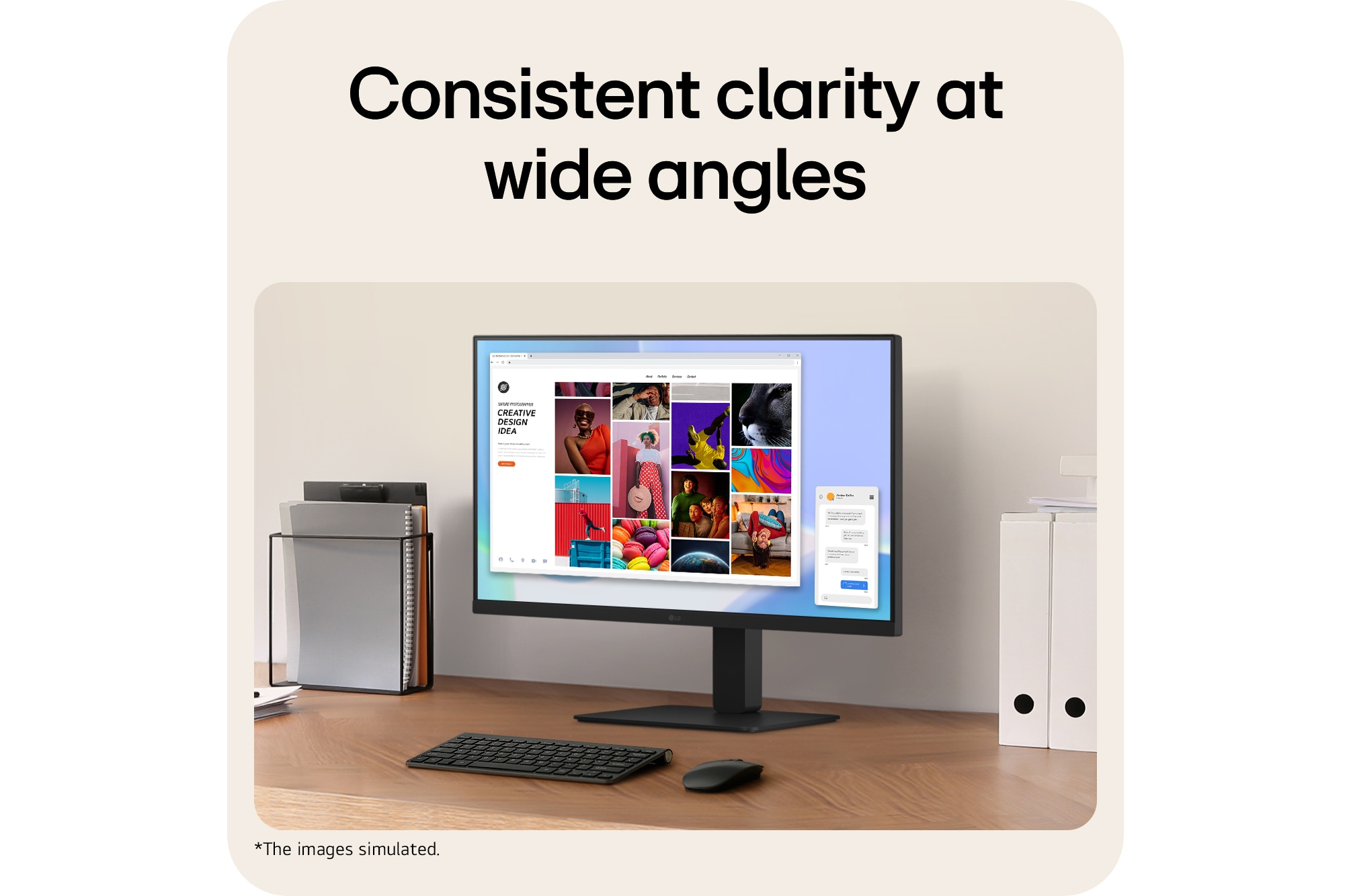 Office desk setup with a monitor displaying a colorful creative design interface, highlighting consistent clarity and wide viewing angles.