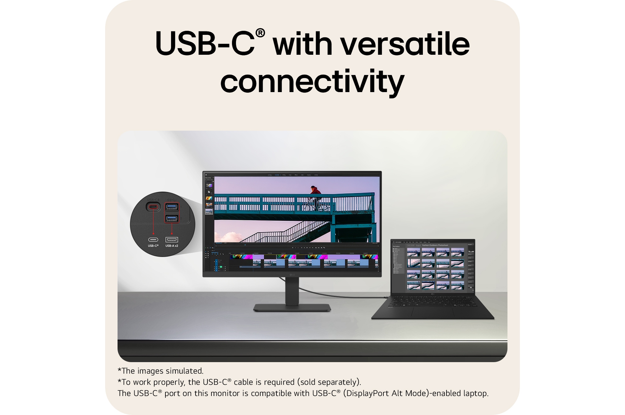 LG monitor connected to a laptop via HDMI cable, showcasing versatile connectivity with HDMI, DisplayPort.