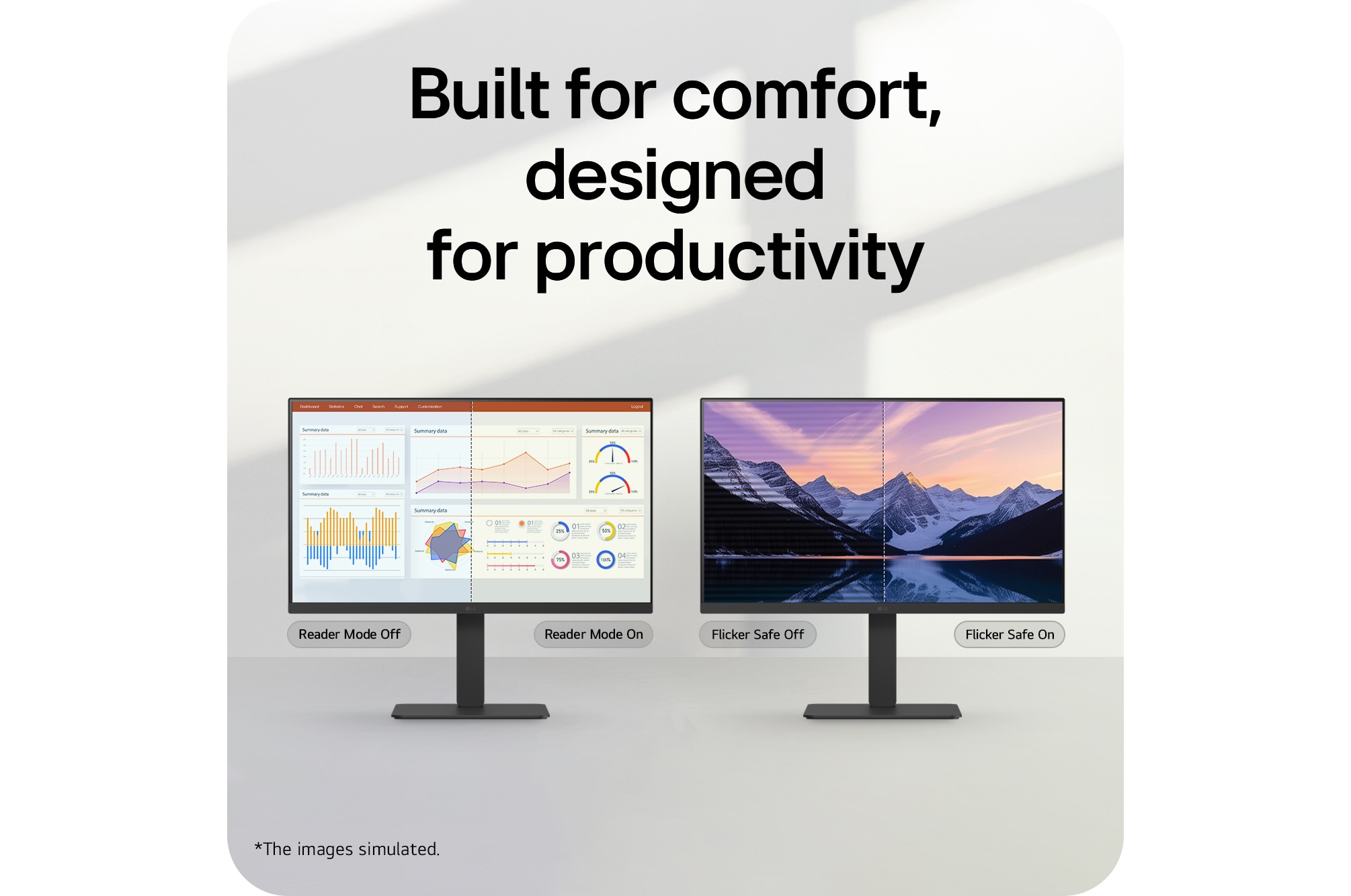 Two monitors comparing reader mode and flicker-safe features, illustrating improved eye comfort and productivity with reduced blue light and screen flicker.