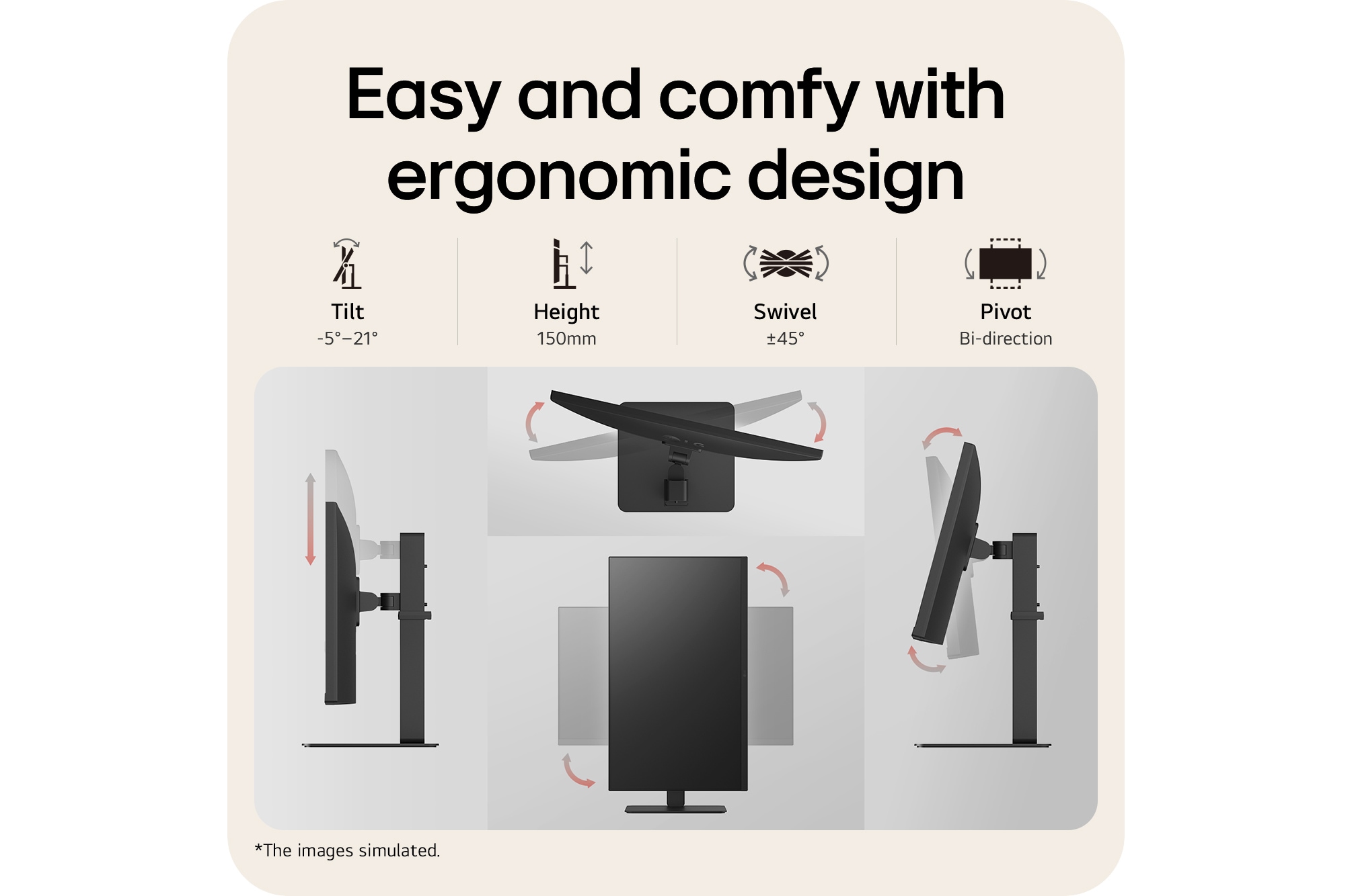 Ergonomic monitor design showcasing tilt, height adjustment, swivel, and pivot features for flexible viewing angles and comfortable workspace setup.