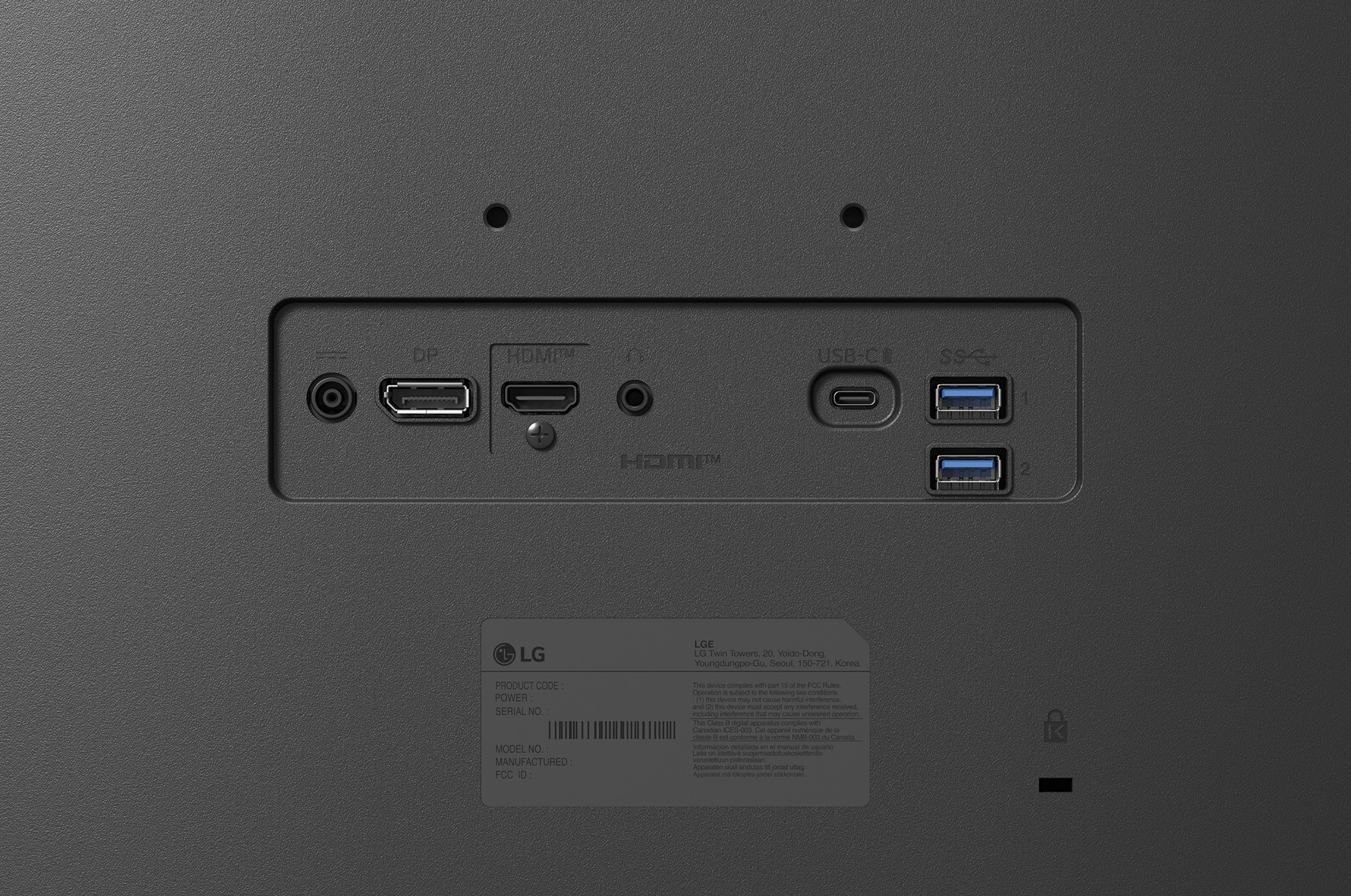 Rear view close-up of monitor ports including DisplayPort, HDMI, headphone jack for versatile connectivity.
