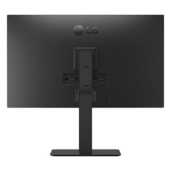 Rear view of an LG monitor showing stand design and connectivity ports.