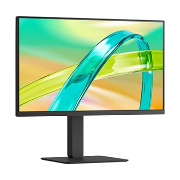 Front view of a monitor displaying a colorful abstract image on a sleek black stand.