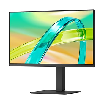 Front view of a monitor displaying a colorful abstract image on a sleek black stand.