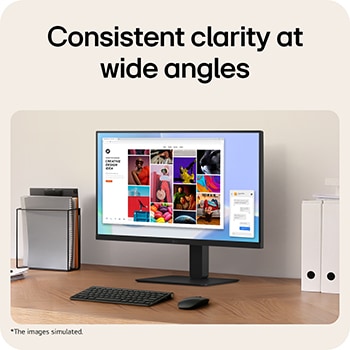 Office desk setup with a monitor displaying a colorful creative design interface, highlighting consistent clarity and wide viewing angles.