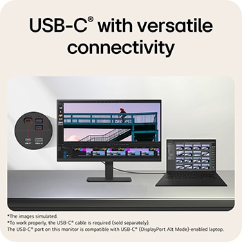 LG monitor connected to a laptop via HDMI cable, showcasing versatile connectivity with HDMI, DisplayPort.