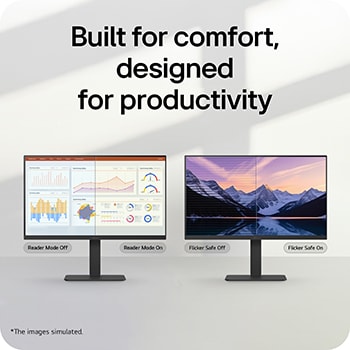 Two monitors comparing reader mode and flicker-safe features, illustrating improved eye comfort and productivity with reduced blue light and screen flicker.
