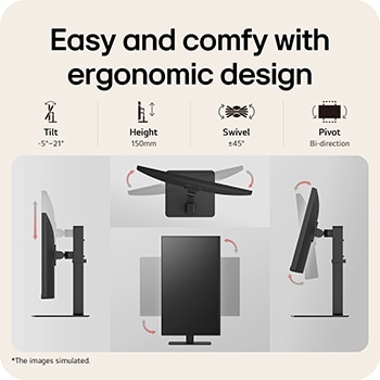 Ergonomic monitor design showcasing tilt, height adjustment, swivel, and pivot features for flexible viewing angles and comfortable workspace setup.