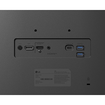 Rear view close-up of monitor ports including DisplayPort, HDMI, headphone jack for versatile connectivity.