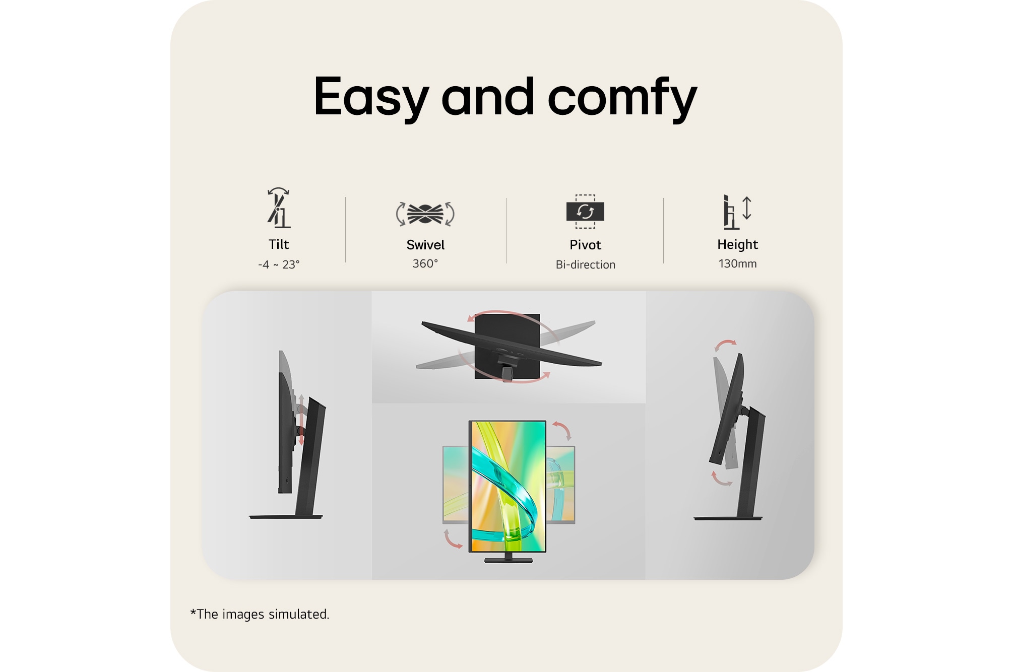 Easy stand adjustment for height, tilt, swivel, and pivot comfort