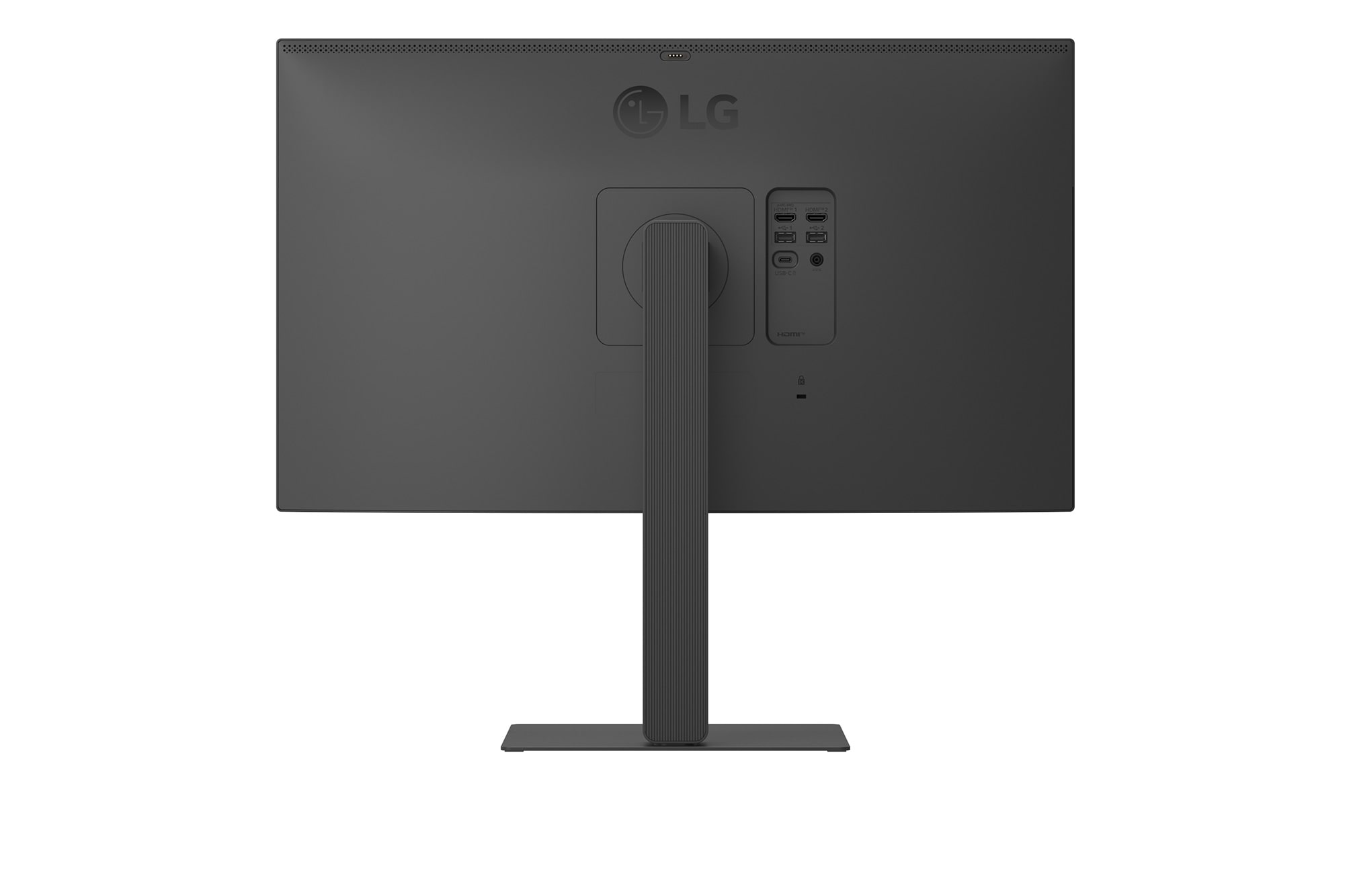 Rear view of an LG monitor showing stand design and connectivity ports.