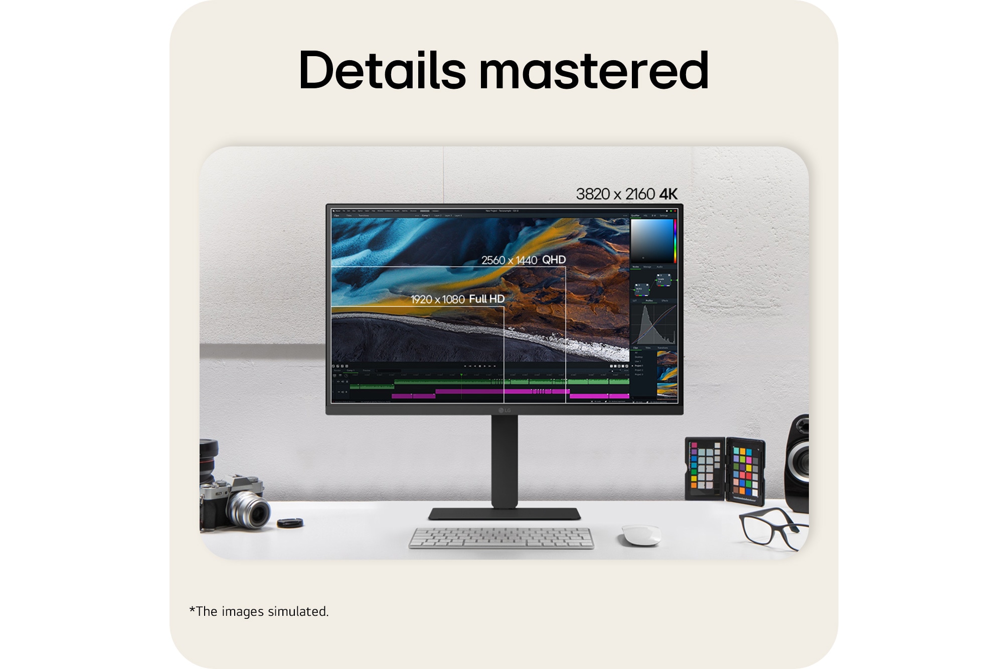 Front view of a monitor displaying a colorful abstract image on a sleek black stand.