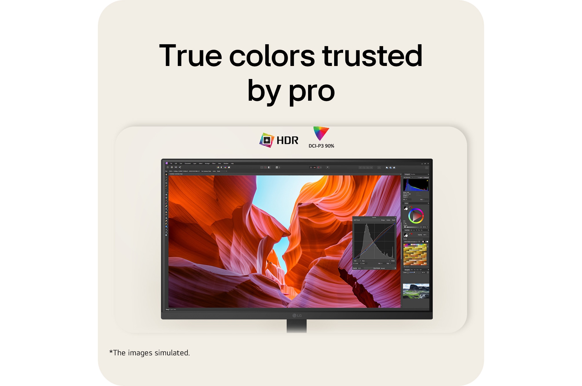 Front view of a monitor displaying a colorful abstract image on a sleek black stand.