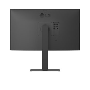 Rear view of an LG monitor showing stand design and connectivity ports.