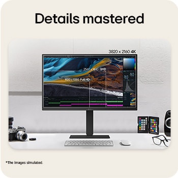 Front view of a monitor displaying a colorful abstract image on a sleek black stand.