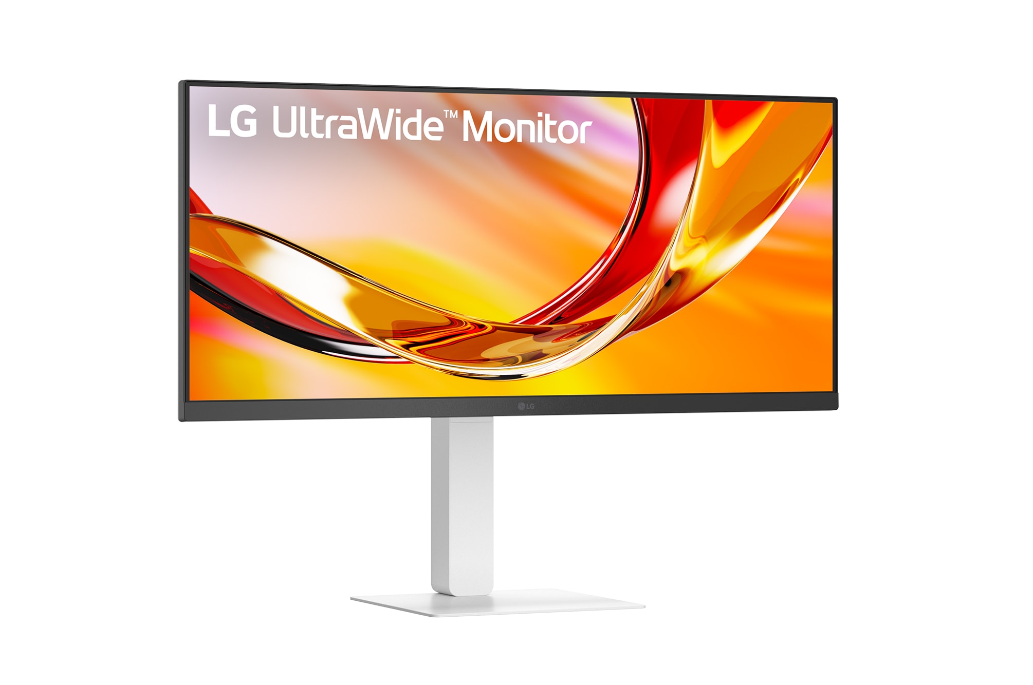 Front view of a monitor displaying a colorful abstract image on a sleek black stand.