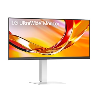 Front view of a monitor displaying a colorful abstract image on a sleek black stand.