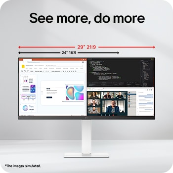 LG monitor connected to a laptop via HDMI cable, showcasing versatile connectivity with HDMI, DisplayPort.