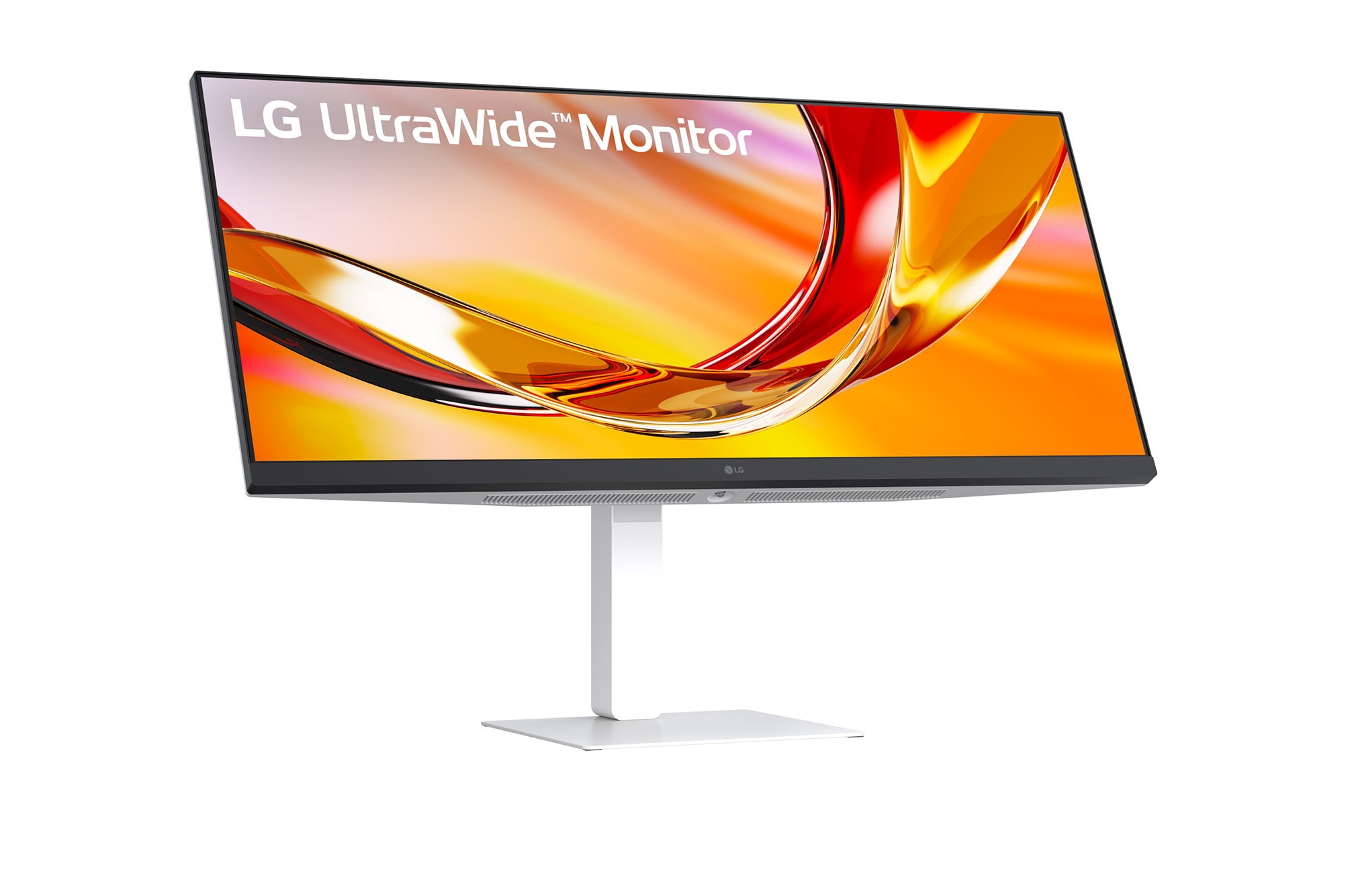 Front view of a monitor displaying a colorful abstract image on a sleek black stand.