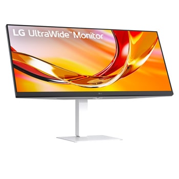 Front view of a monitor displaying a colorful abstract image on a sleek black stand.
