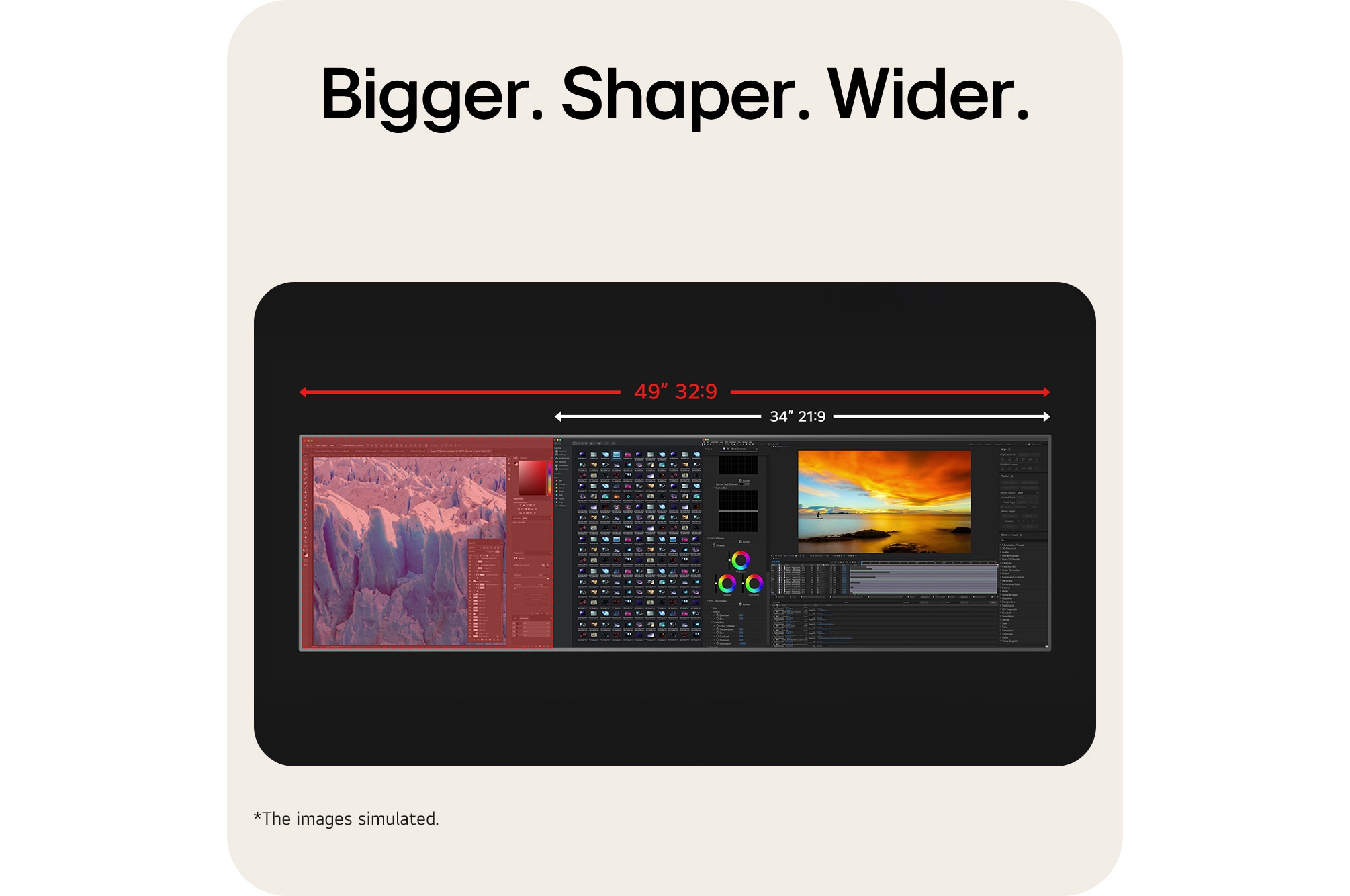 Wide horizontal monitor setup ideal for multitasking workspace
