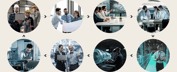 Industrial project workflow showing engineers and managers collaborating from design and planning to research, equipment inspection, digital data analysis, augmented reality simulation, and smart factory operation.