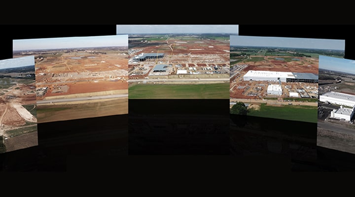 Panoramic collage of LG factory construction sites with multiple angles showing large-scale building projects.