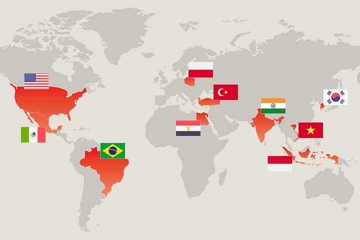 World map with highlighted countries showing LG’s global factory locations including USA, Mexico, Brazil, Poland, Turkey, India, Vietnam, Indonesia, South Korea, and Egypt.