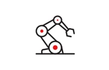Robotics icon with robotic arm illustration for automation technology