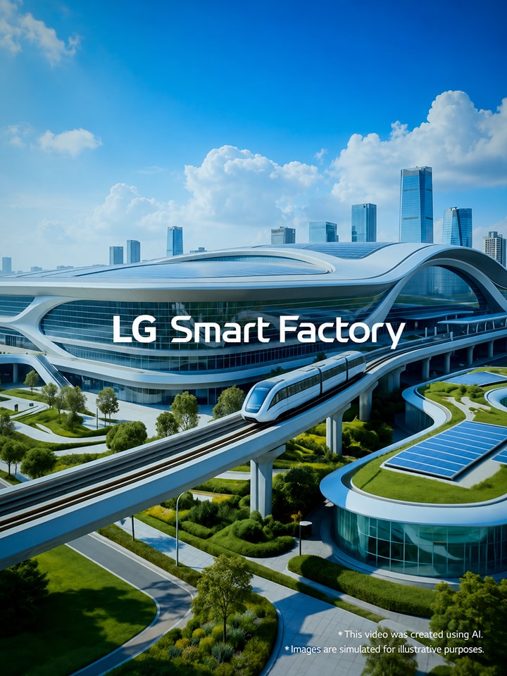 Aerial view of a futuristic LG Smart Factory campus featuring curved glass buildings, an elevated train, solar panels, and a city skyline, with the text "LG Smart Factory" centered on the image. 