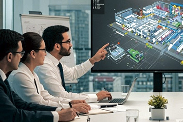 Team analyzing 3D simulation model of smart factory, showcasing LG digital consulting for efficient production layout design