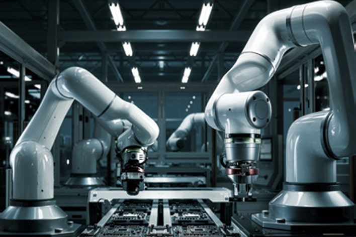 Robotic arms operating in advanced production line, illustrating LG intelligent automation solutions for manufacturing efficiency
