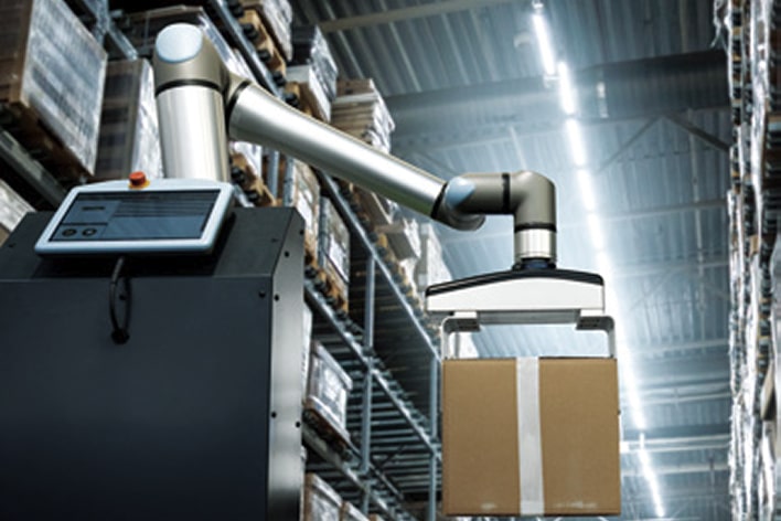 Automated robotic system managing material handling and transport inside modern factory, powered by LG automation solutions