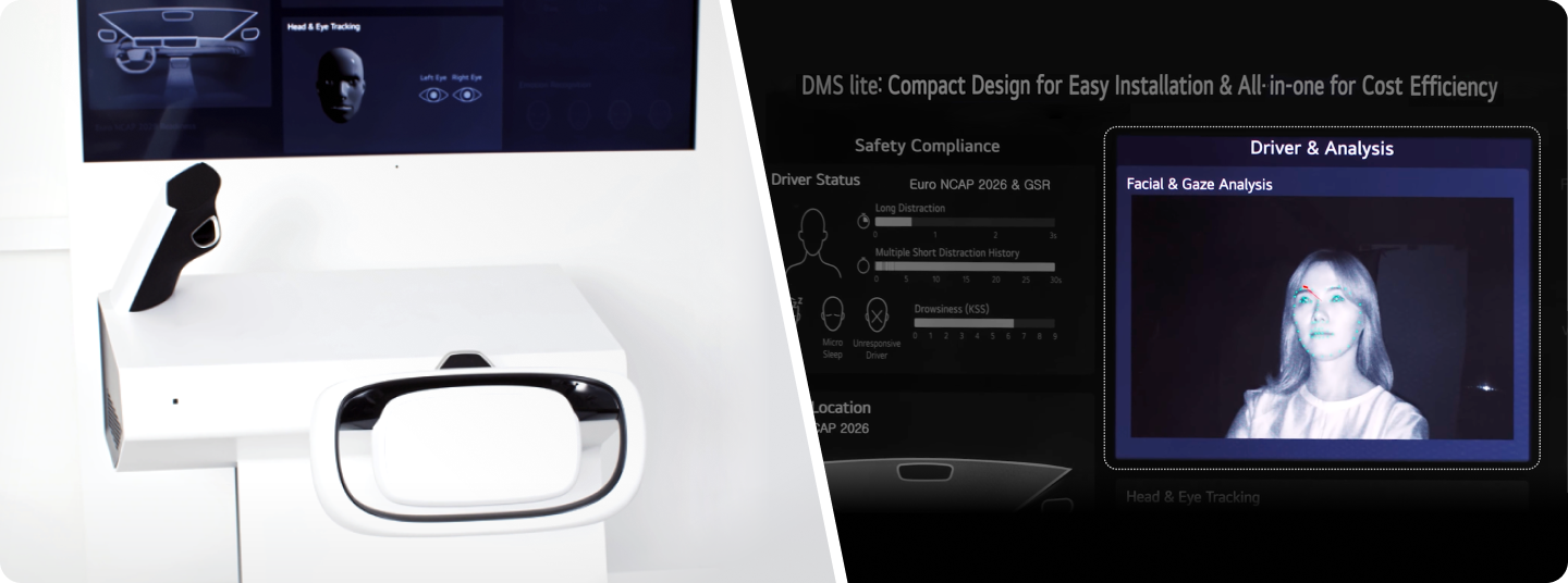 DMS concept image shows LG VS Driver Monitoring System integrating safety compliance and driver analysis in a compact design.