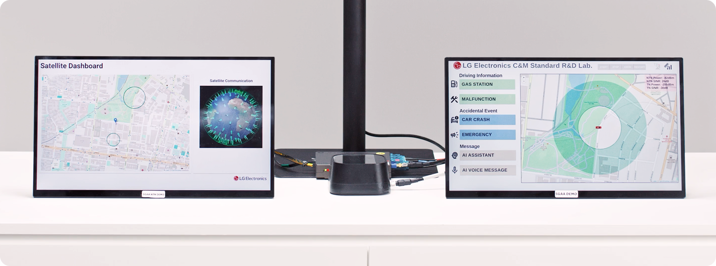 Satellite communication demonstration shows LG VS extending vehicle connectivity beyond terrestrial network coverage.