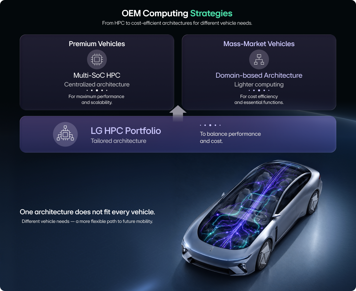 OEM computing strategy diagram shows LG HPC portfolio balancing Multi-SoC HPC and domain-based architectures.