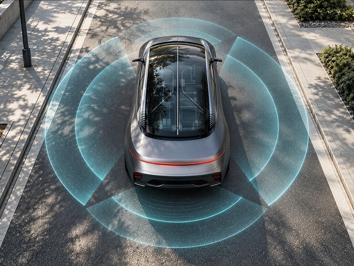 Top-view vehicle visualization represents LG VS Vehicle Computing integrating cockpit, ADAS and AI workloads on scalable HPC.