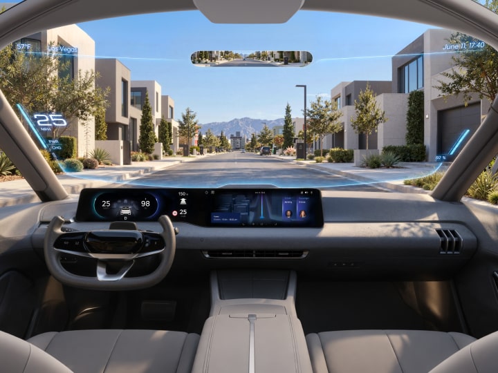 Cockpit view shows LG VS UltraView Windshield Display combining AR-HUD guidance with a Hover Screen across the windshield.