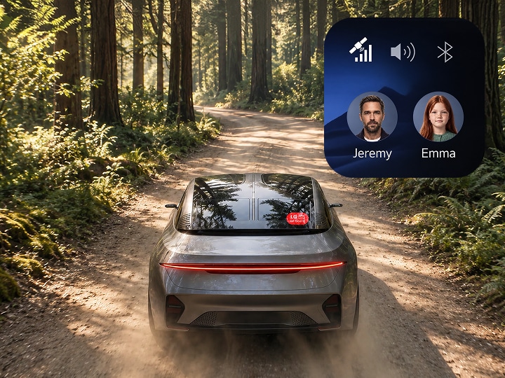 Vehicle on a forest road with connected profiles represents LG VS Smart Telematics enabling wider-bandwidth connectivity.