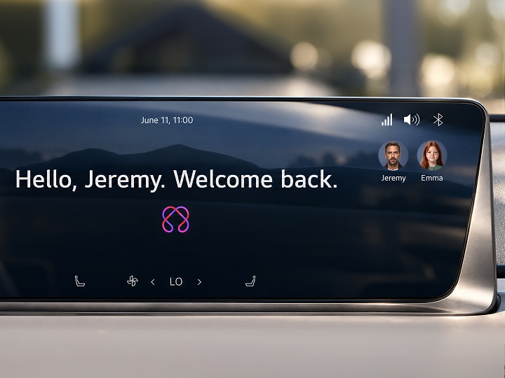 Vehicle display UI represents personalized experiences enabled by LG VS In-cabin Sensing and real-time occupant monitoring.